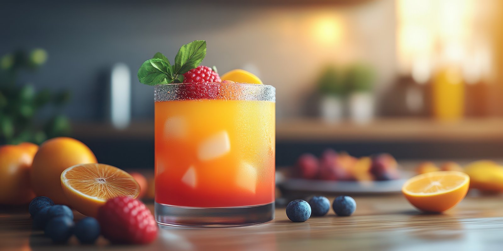 Refreshing cocktail with vibrant colors and fresh fruits on a rustic kitchen counter during golden hour